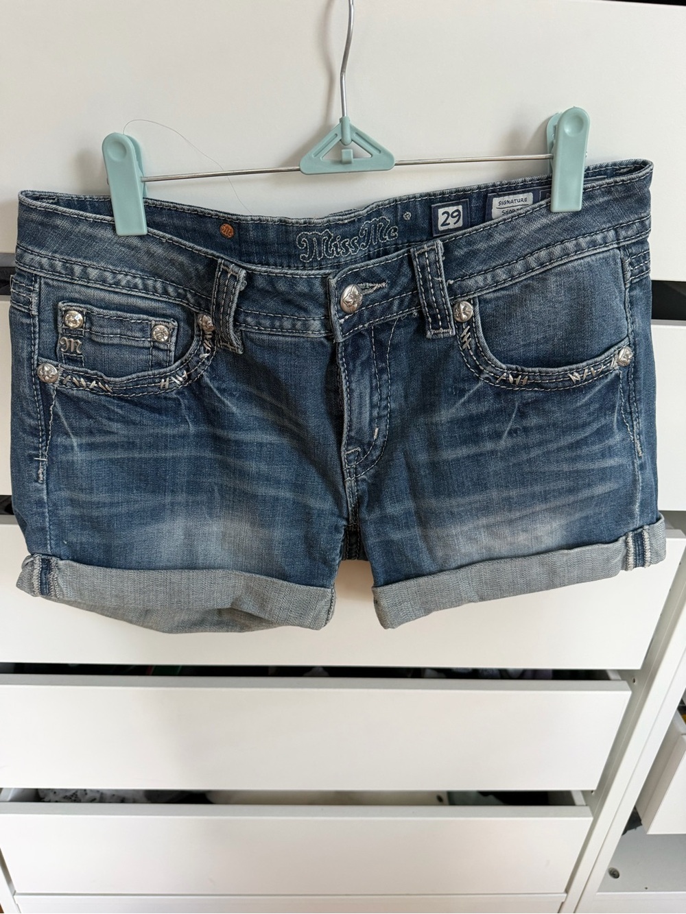 Miss Me Distressed Cuffed Denim Shorts - Blue Wash